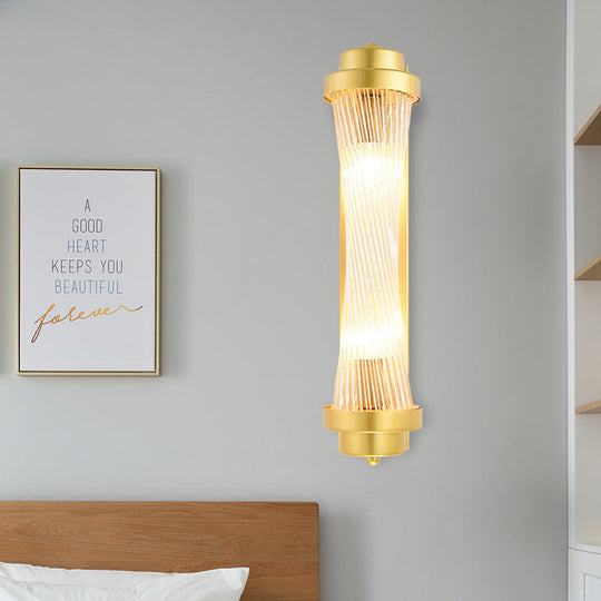 Vintage Gold Cylinder Wall Sconce With Clear Glass And Dual Led Lights For Bedroom