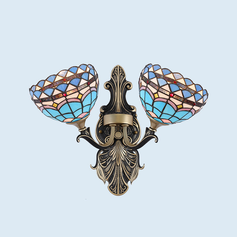 Tiffany Style Cut Glass Wall Sconce With Blossom/Domed Design - White/Red/Yellow 2 Lights Curved Arm