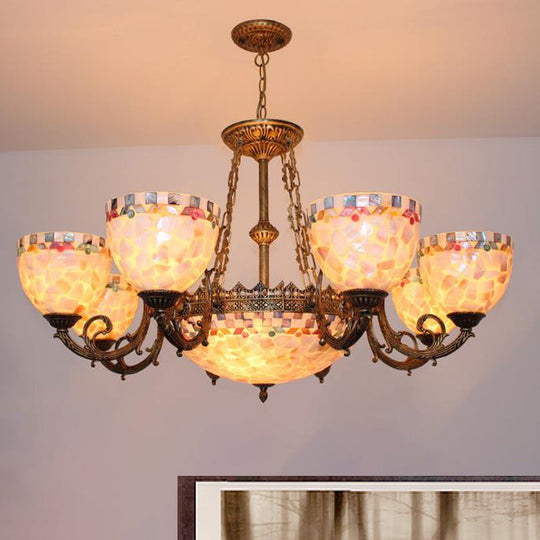 Tiffany-Style Shell Domed Ceiling Chandelier With Adjustable Beige Suspension - 5/9/11 Lights For