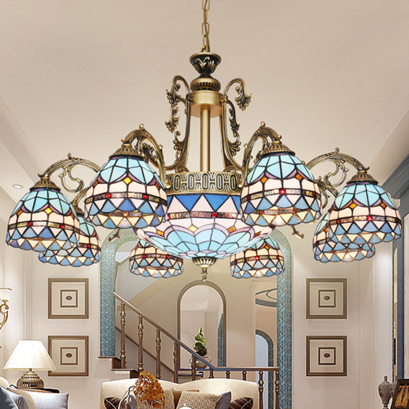 Mediterranean Dome Stained Glass 9/11 Lights Chandelier In Blue - Elegant Hanging Lamp Fixture