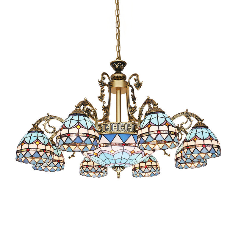 Mediterranean Dome Stained Glass 9/11 Lights Chandelier In Blue - Elegant Hanging Lamp Fixture