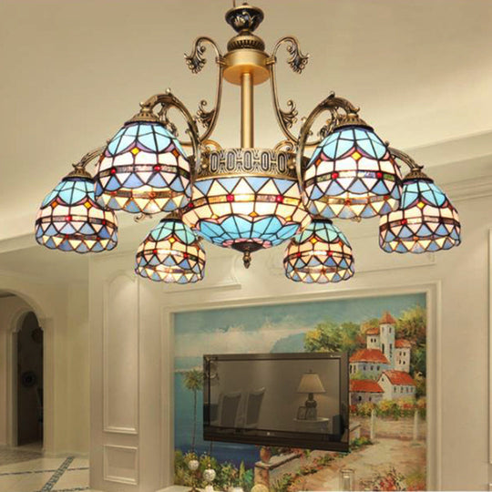Mediterranean Dome Stained Glass 9/11 Lights Chandelier In Blue - Elegant Hanging Lamp Fixture 9 /