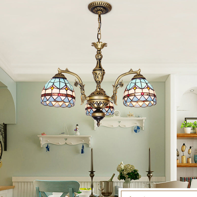 Tiffany Cut Glass Chandelier With Blue Lights And Domed Shade 3 /