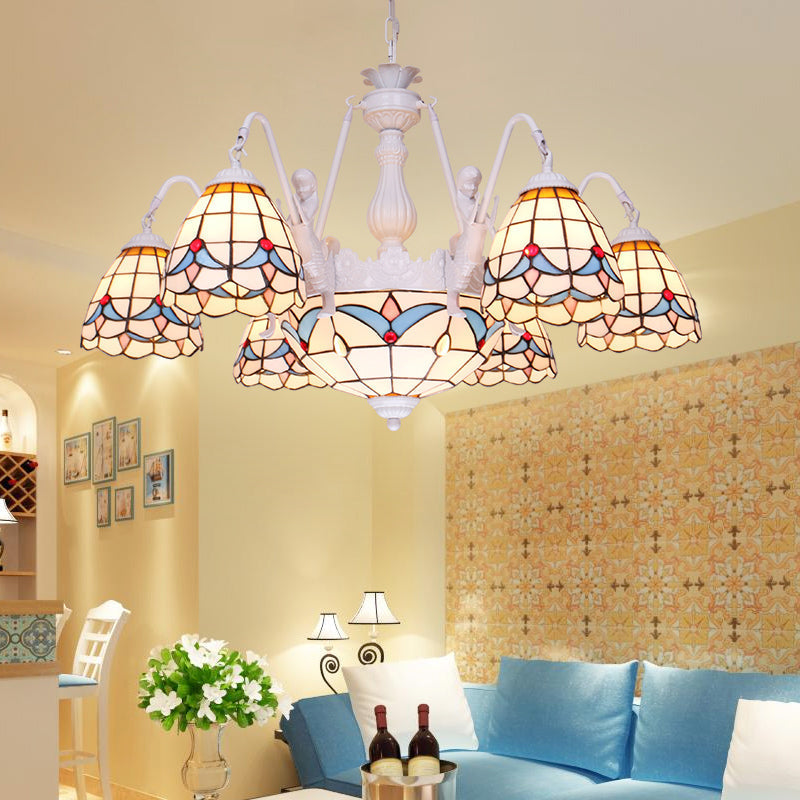 Mediterranean Stained Glass Dome Chandelier With 8/9/11 Lights - White Ceiling Pendant Light 9 /