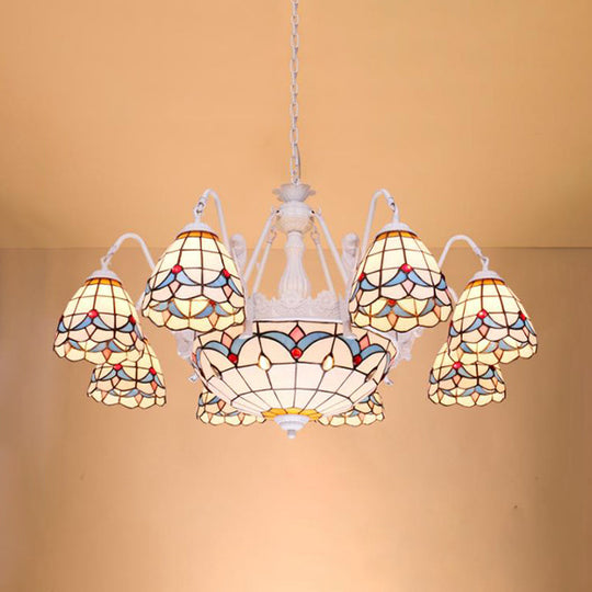 Mediterranean Stained Glass Dome Chandelier With 8/9/11 Lights - White Ceiling Pendant Light