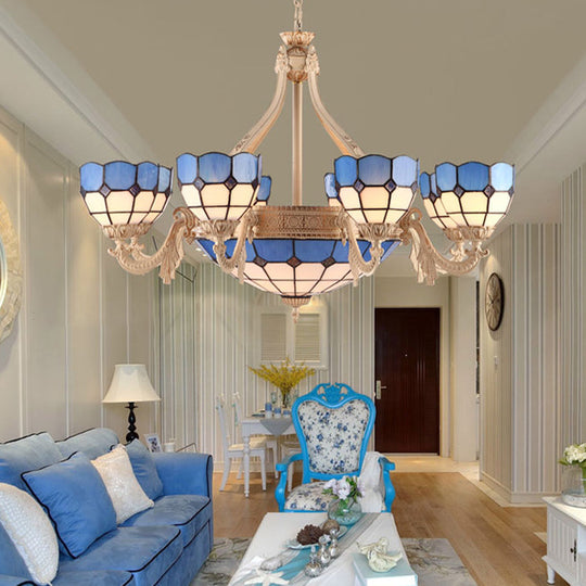 Stained Glass Baroque Chandelier - 9/11 Light Yellow/Blue Pendant Fixture For Living Room 11 / Blue