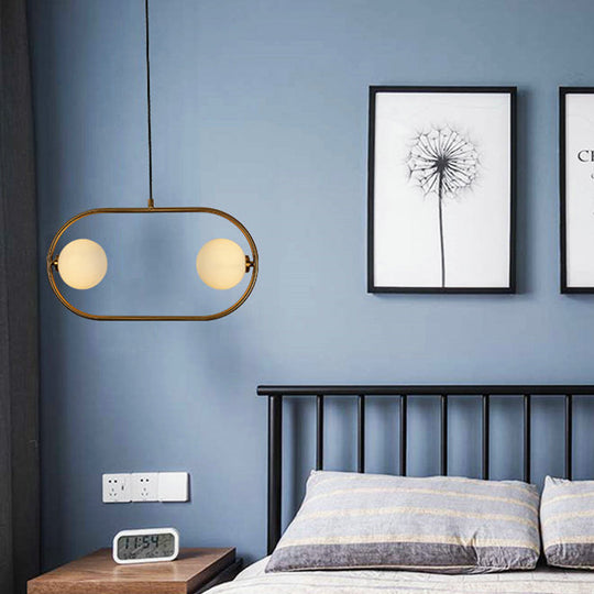 Gold Modern Globe Hanging Chandelier With Frosted Glass 2 Bulbs – Bedroom Led Pendant Light
