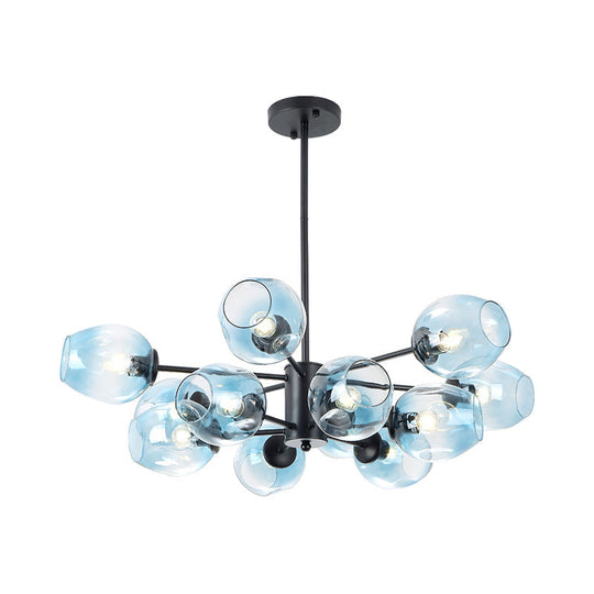 Contemporary Blue Glass Cup Pendant Chandelier - 12 Heads Hanging Ceiling Light For Living Room