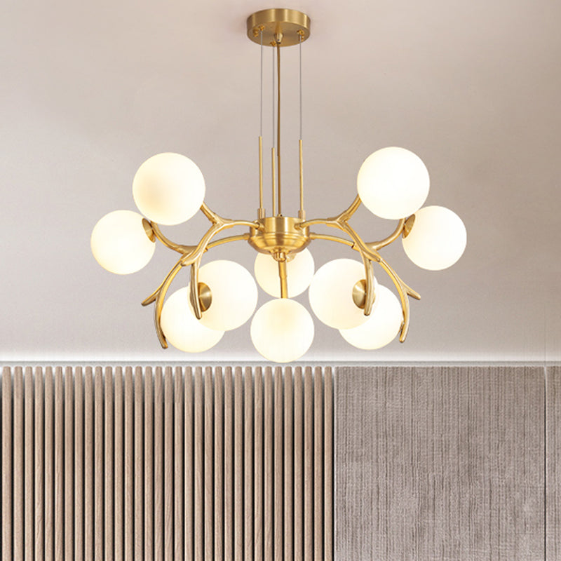 Modern Opal Frosted Glass 10-Head Pendant Chandelier In Gold - Round Hanging Lighting Fixture