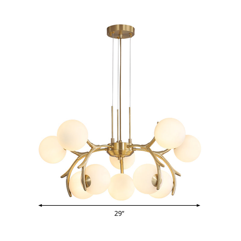 Modern Opal Frosted Glass 10-Head Pendant Chandelier In Gold - Round Hanging Lighting Fixture