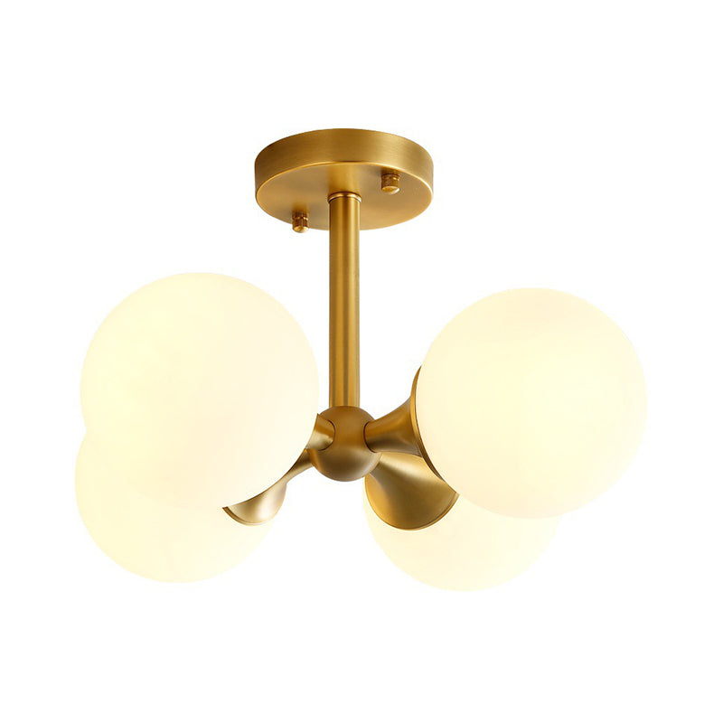 Contemporary Gold Ball Semi Flush Ceiling Light With 4 Milky Glass Heads
