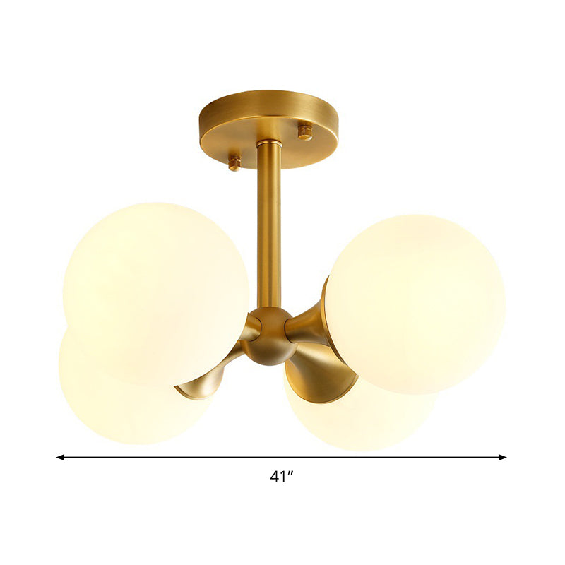Contemporary Gold Ball Semi Flush Ceiling Light With 4 Milky Glass Heads