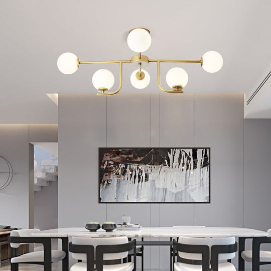 Modern White Glass Semi Flush Mount Ceiling Fixture With Gold Accents - 6 Bulbs