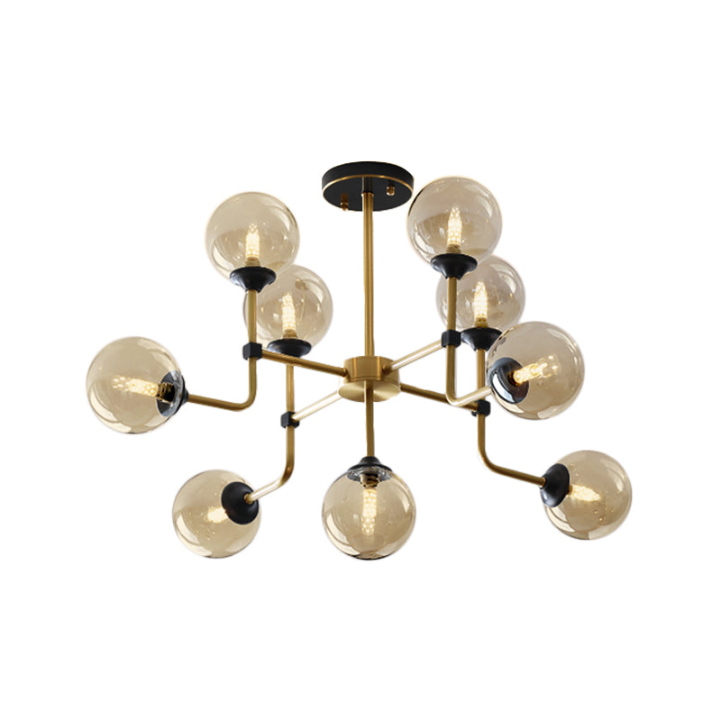 Modernist Amber Glass Globe Semi Flush Ceiling Mount Light Fixture (9/13 Bulbs) In Brass