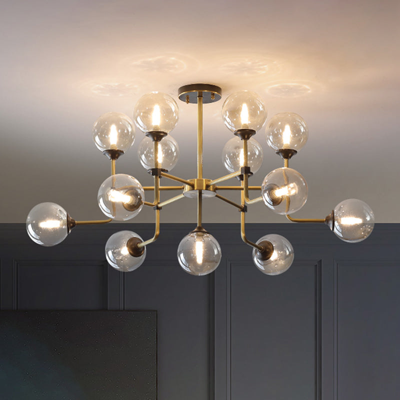 Modernist Amber Glass Globe Semi Flush Ceiling Mount Light Fixture (9/13 Bulbs) In Brass 13 /