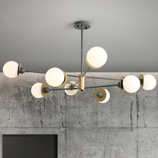 Modern Grey Pendant Chandelier With Opal Frosted Glass Shade - 8 Bulbs Ball Hanging Light Kit