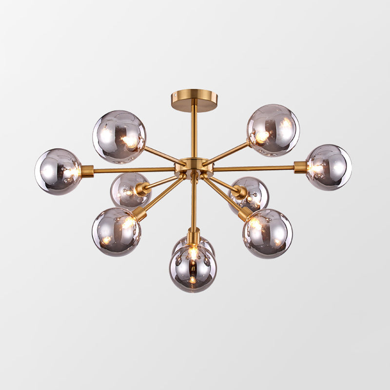 Minimalist Brass Flush Mount Chandelier With White/Smoke Gray Glass – 7/9/10 Lights