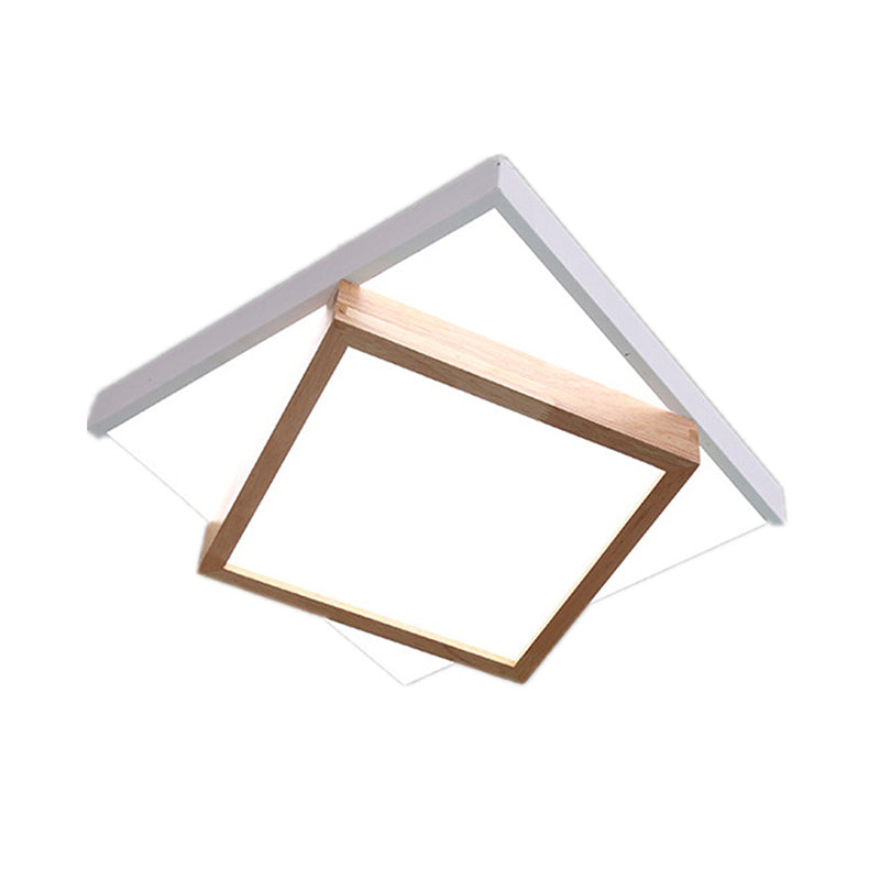 Modern 2-Tier Wood Led Ceiling Light For Living Room In White/Warm - Square Flush Mount