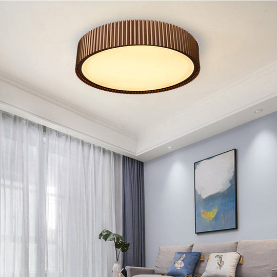 Modernist Metal Drum Flush Ceiling Light Fixture - 18’/22’ Dia Coffee Led Mount Lamp In