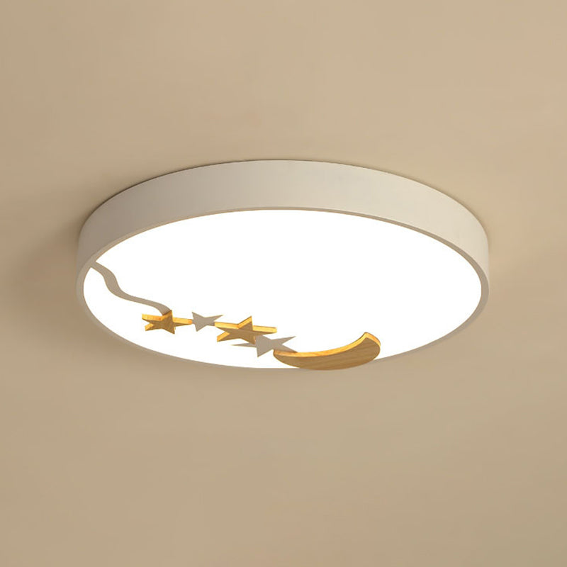 Contemporary Round Metal Led Close To Ceiling Lamp With Wooden Moon And Star Decoration -