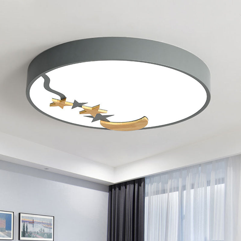 Contemporary Round Metal Led Close To Ceiling Lamp With Wooden Moon And Star Decoration -