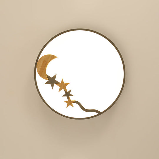 Contemporary Round Metal Led Close To Ceiling Lamp With Wooden Moon And Star Decoration -