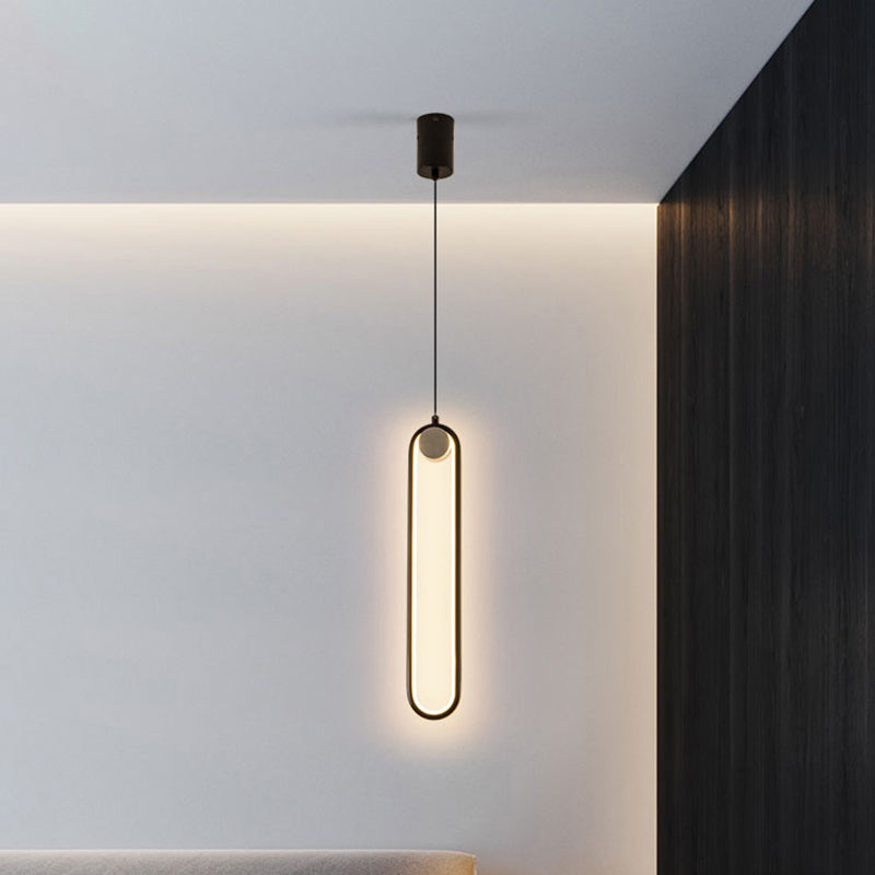 Minimalist Led Oval Metallic Pendulum Pendant Ceiling Light In Black With Natural Lighting