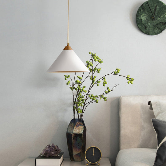 White Modern Conical Ceiling Light: 1-Bulb Metal Pendant Fixture For Living Room