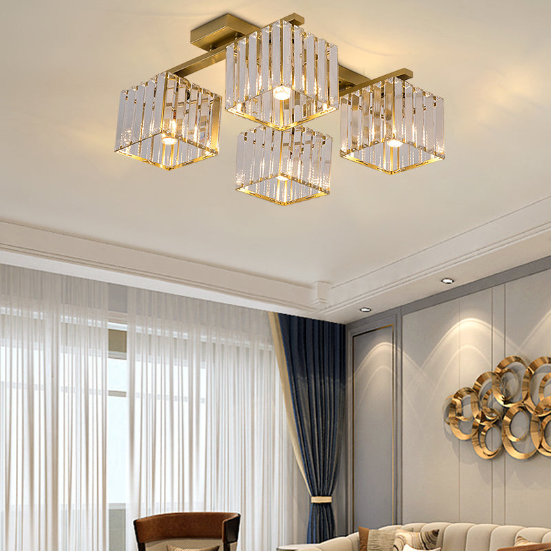 Square Crystal Rod Ceiling Light Fixture - Modern Semi Flush Mount With Tri-Sided Design (4/6/9