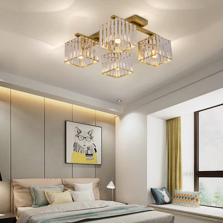Square Crystal Rod Ceiling Light Fixture - Modern Semi Flush Mount With Tri-Sided Design (4/6/9