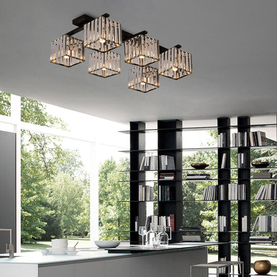 Square Crystal Rod Ceiling Light Fixture - Modern Semi Flush Mount With Tri-Sided Design (4/6/9