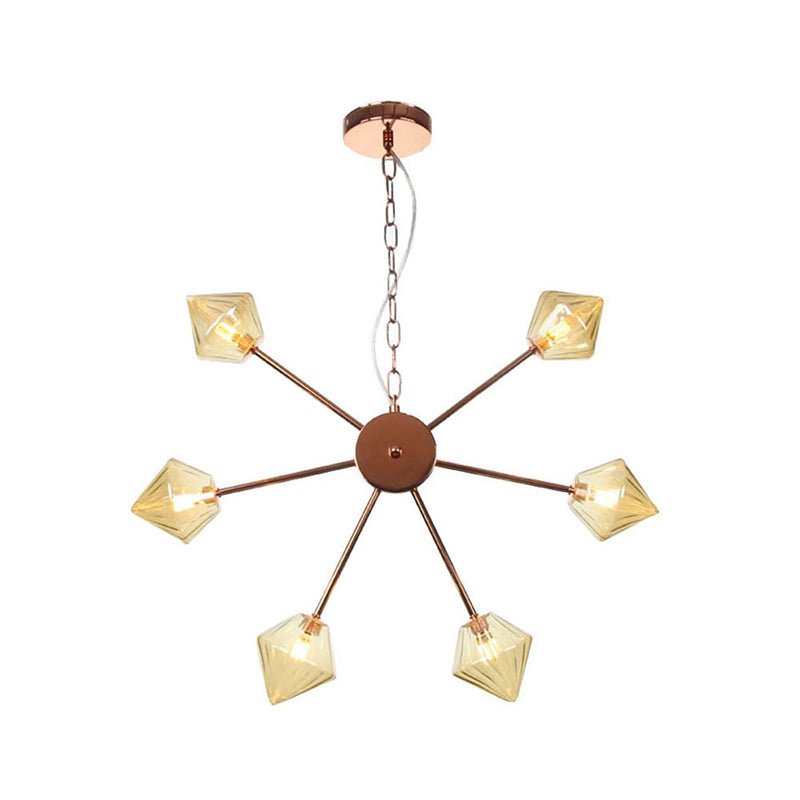 Industrial Amber/Clear Glass Diamond Shade Chandelier Lamp With Multiple Heads In