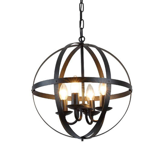 Vintage Black Globe Metal Chandelier - 4 Bulb Pendant Lighting For Dining Room Ceiling