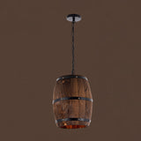 Farmhouse Barrel Pendant Lamp - 10/12 Wide Wood Hanging Light In Brown