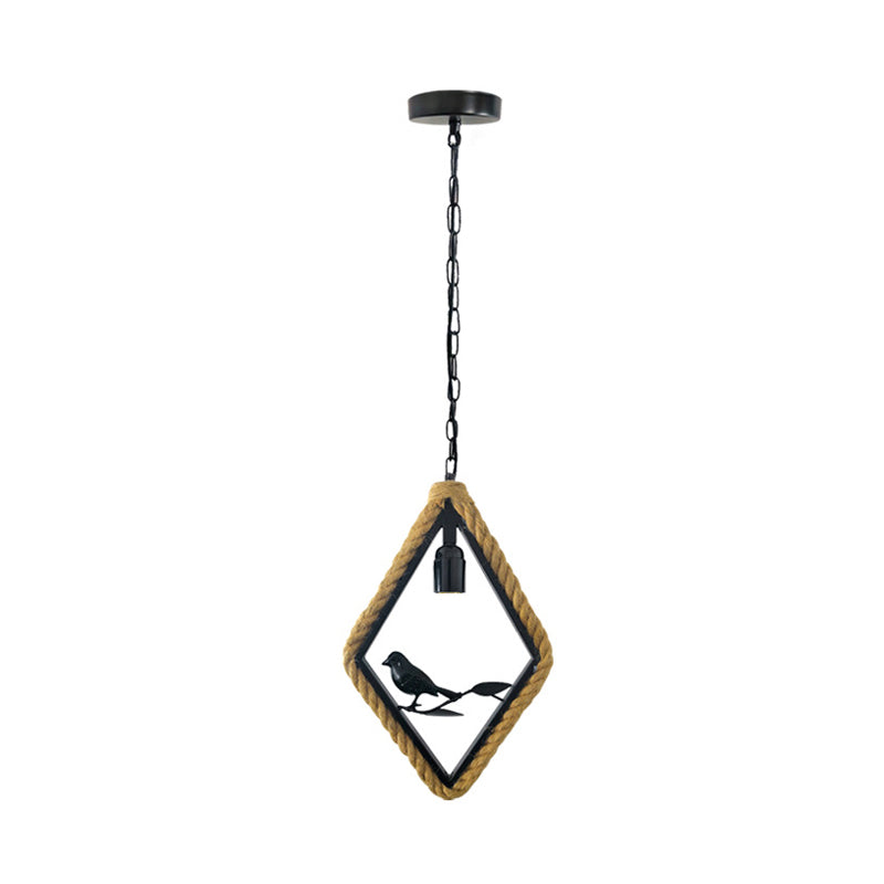 Black Rope Pendant Light Fixture For Living Room With Bird Deco: Round/Rhombus/Square Design