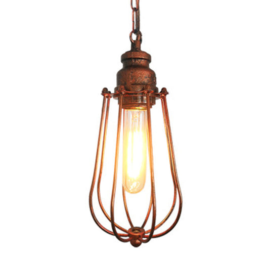 Vintage Black/Rust Pendant Ceiling Lamp With Caged Metal Shade - 1 Light Bedroom Fixture