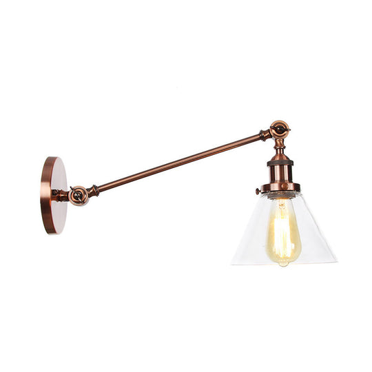 Modern Industrial Conical Sconce Light Clear Glass Lighting Fixture In Black/Bronze/Brass 8/12 L Arm