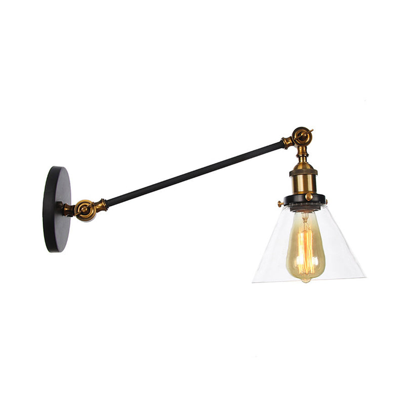 Modern Industrial Conical Sconce Light Clear Glass Lighting Fixture In Black/Bronze/Brass 8/12 L Arm