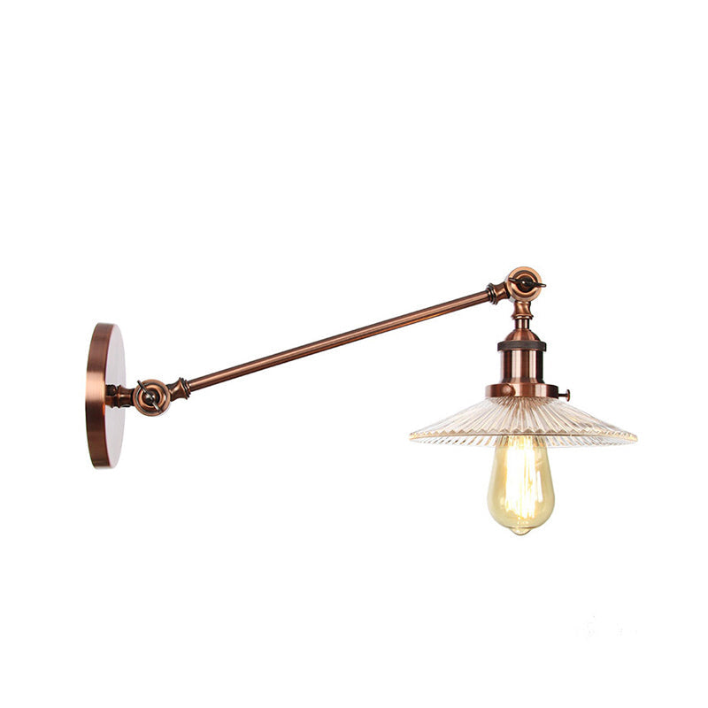 Vintage Clear Glass Ribbed Wall Lamp Saucer - Bronze/Brass/Copper Finish 1 Light Fixture 8/12 L Arm