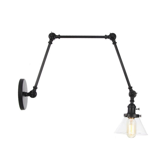 Industrial Conical Clear/Amber Glass Wall Lamp Sconce - Adjustable Arm Black/Bronze/Brass 1 Light 8