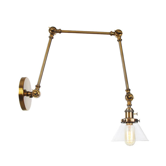 Industrial Conical Clear/Amber Glass Wall Lamp Sconce - Adjustable Arm Black/Bronze/Brass 1 Light 8