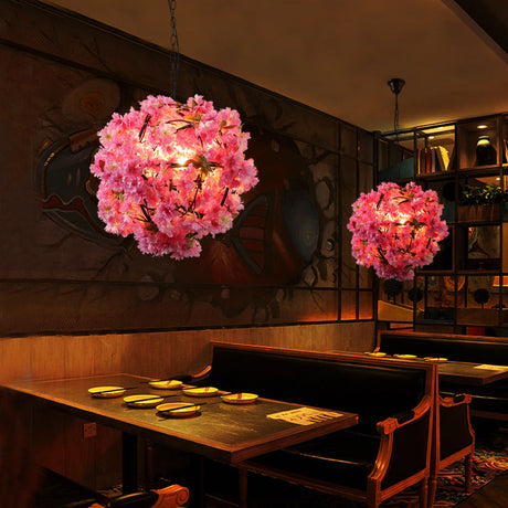 Vintage Pink Metal Pendant Lamp With Floral Decoration - 1-Light Globe Fixture