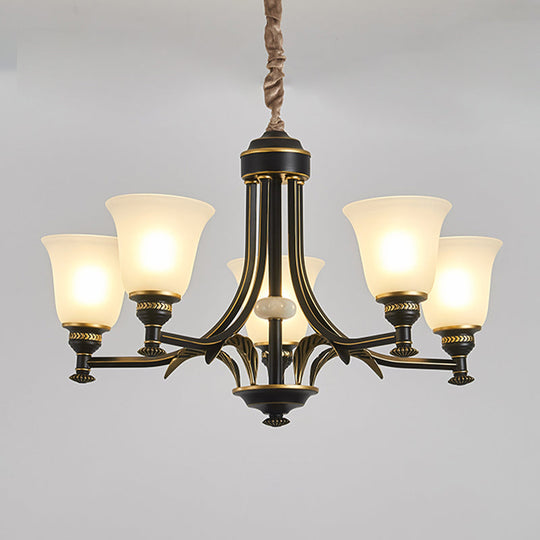 Radial Ceiling Chandelier - Black & Gold With Traditional Cream Glass 3/5/6 Heads Living Room