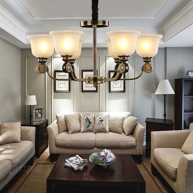 Black And Gold Sandblasted Glass Bell Pendant Chandelier - 6 Bulb Ceiling Lamp Traditional Style