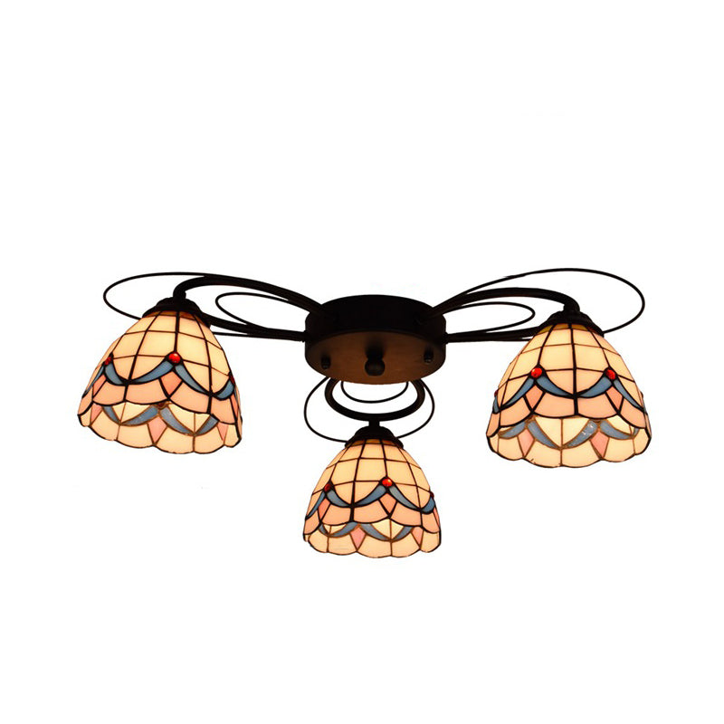 Tiffany Stained Glass Ceiling Mounted Light Bowl - Yellow 3/7/9 Heads Semi-Flush Fixture 3 /