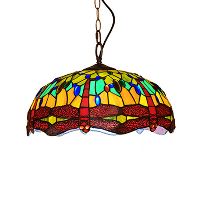 Tiffany Dragonfly Pendant Ceiling Light - 1-Light Stained Glass Fixture In Red/Yellow/Blue For