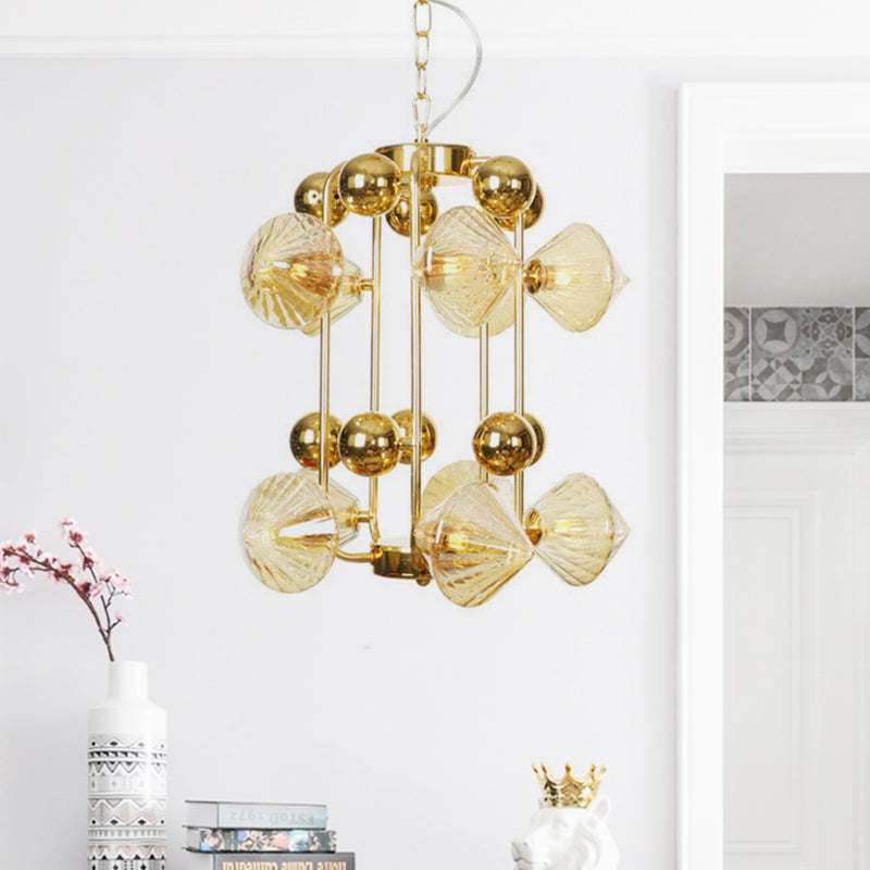 Contemporary Amber Glass Tapered Chandelier - 10 Heads Living Room Pendant Light