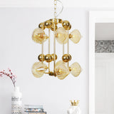 Contemporary Amber Glass Tapered Chandelier - 10 Heads Living Room Pendant Light