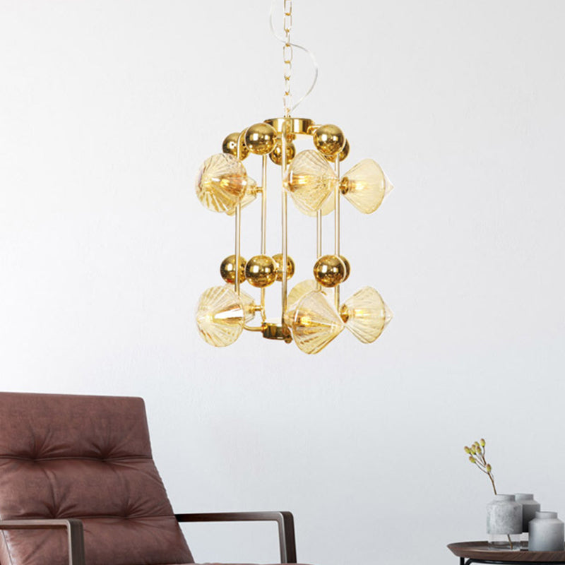 Contemporary Amber Glass Tapered Chandelier - 10 Heads Living Room Pendant Light