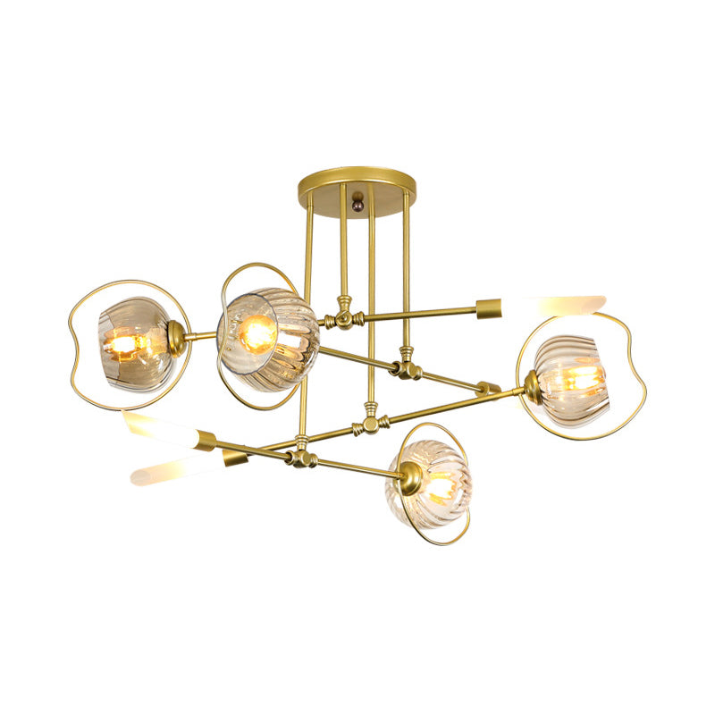 Modern 6/8 Heads Gold Chandelier With Amber Glass Shade
